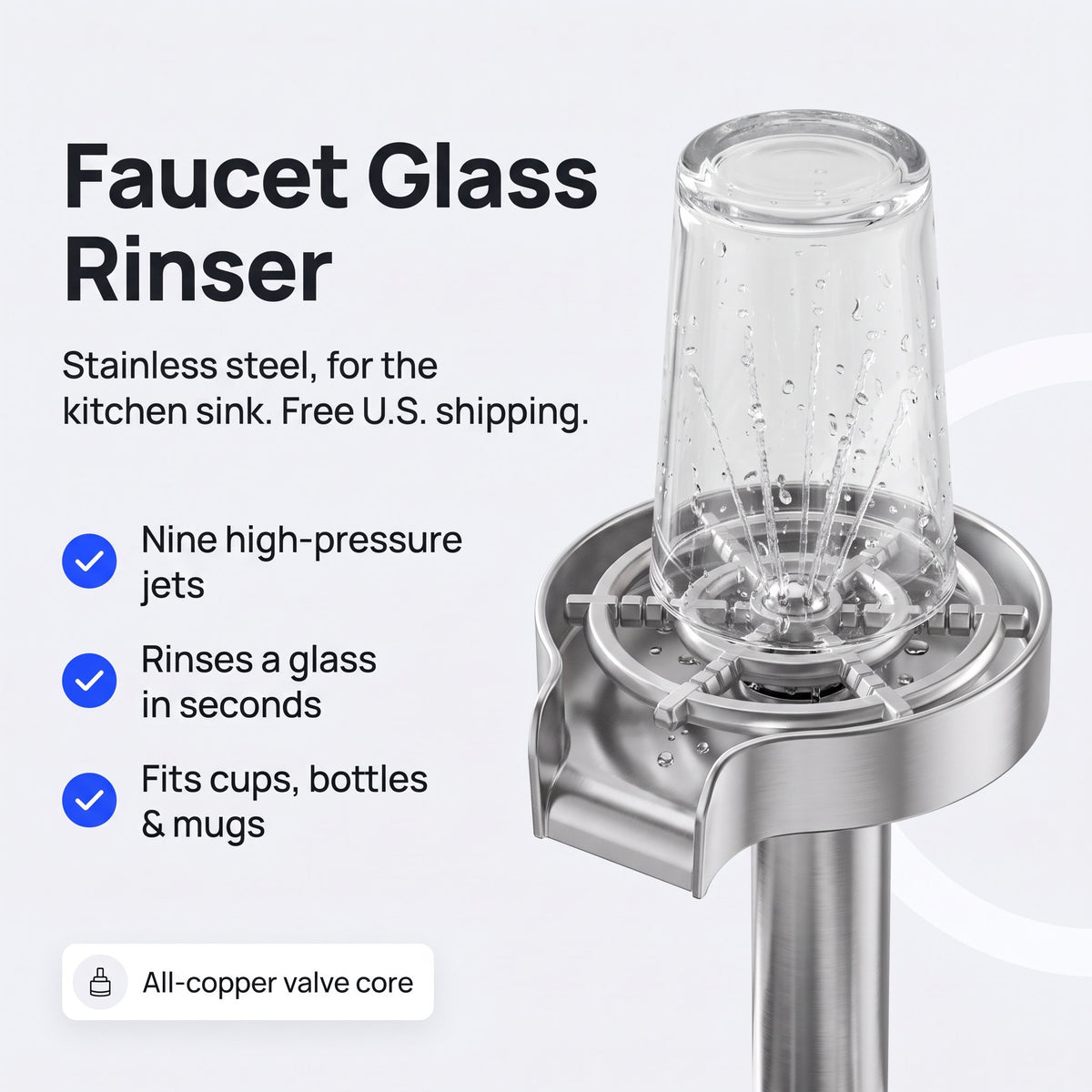 SOLVESSI Faucet Glass Rinser – Stainless Steel Cup Washer for Kitchen Sink