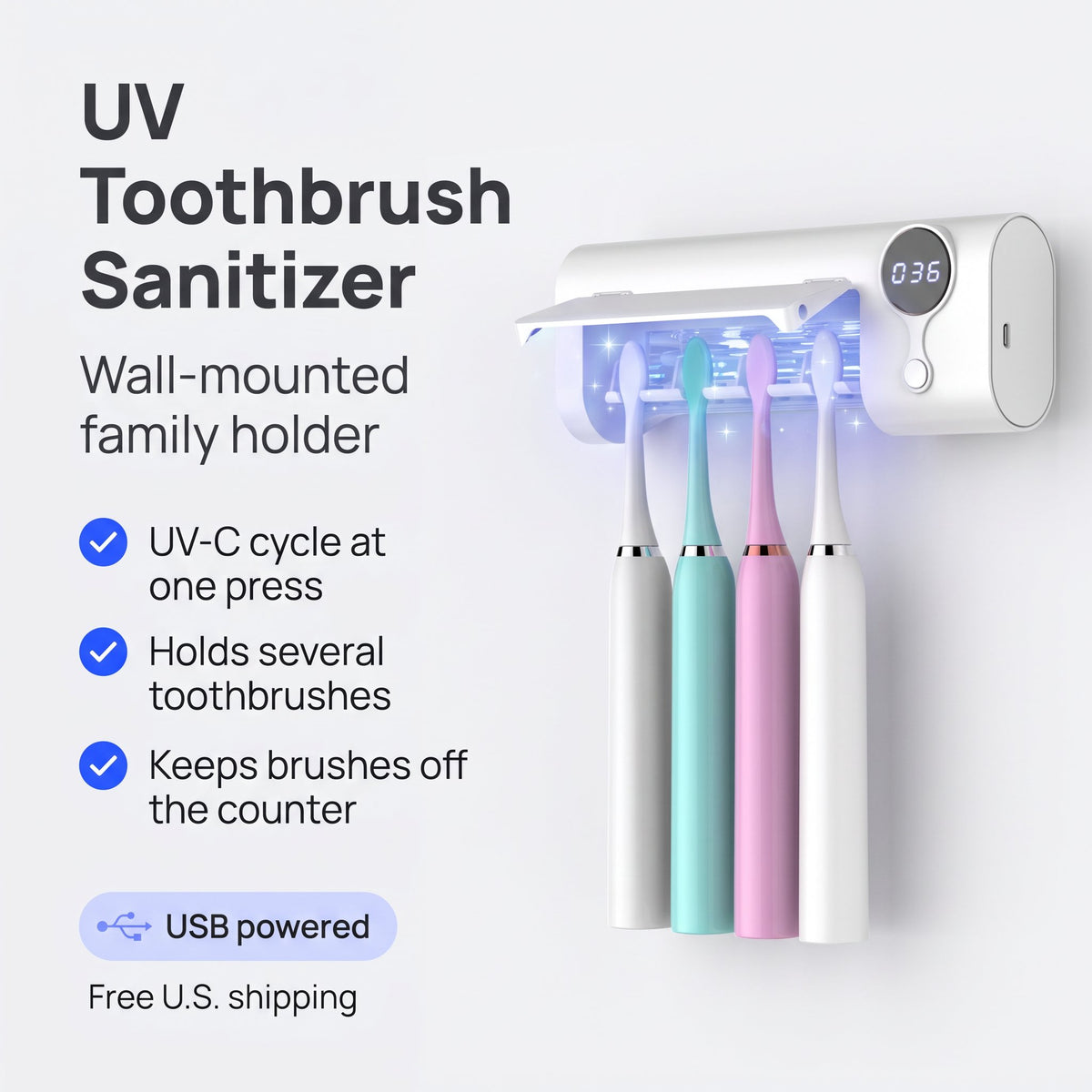 SOLVESSI UV Toothbrush Sanitizer – Wall-Mounted Holder with UV-C Light